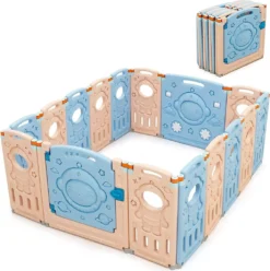 COSTWAY Laufgitter Mit Tür Und Spielzeugboard, Baby Laufstall Faltbar, Absperrgitter Aus Kunststoff, Krabbelgitter, Spielzaun Für Kinder, Schutzgitter (16 Paneelen)