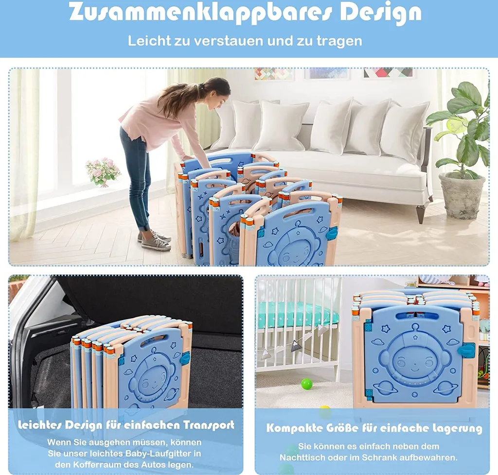 COSTWAY Laufgitter Mit Tür Und Spielzeugboard, Baby Laufstall Faltbar, Absperrgitter Aus Kunststoff, Krabbelgitter, Spielzaun Für Kinder, Schutzgitter (16 Paneelen) 6 COSTWAY Laufgitter Mit Tür Und Spielzeugboard, Baby Laufstall Faltbar, Absperrgitter Aus Kunststoff, Krabbelgitter, Spielzaun Für Kinder, Schutzgitter (16 Paneelen) – Bild 4