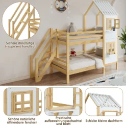 Merax Etagenbett 90x200cm Kinderbett Mit Leiter, Fallschutz Und Lattenrost, Hochbett Stockbett Kiefer Holzbett Hausbett Mit Dach Und Fenster, Weiß/Natur -Barbie Store 57b6859f486f684f8af4dcc8e6f4d69f