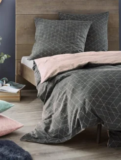 Irisette Mako Satin Bettwäsche 135x200 2tlg Grau Rosa | Bettwäsche-Set Aus 100% Baumwolle | 2 Teilige Wende-Bettwäsche 135x200 Cm & Kissen 80x80 Cm | Geometrisches Muster