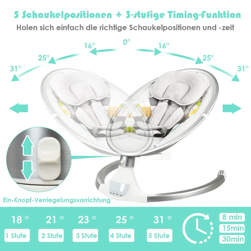 COSTWAY Babywippe Elektrisch Mit Timer, Babyschaukel Babywiege Mit 5 Schwingungsamplituden Musik Und Bluetoothfunktion Beige 6 COSTWAY Babywippe Elektrisch Mit Timer, Babyschaukel Babywiege Mit 5 Schwingungsamplituden Musik Und Bluetoothfunktion Beige – Bild 4