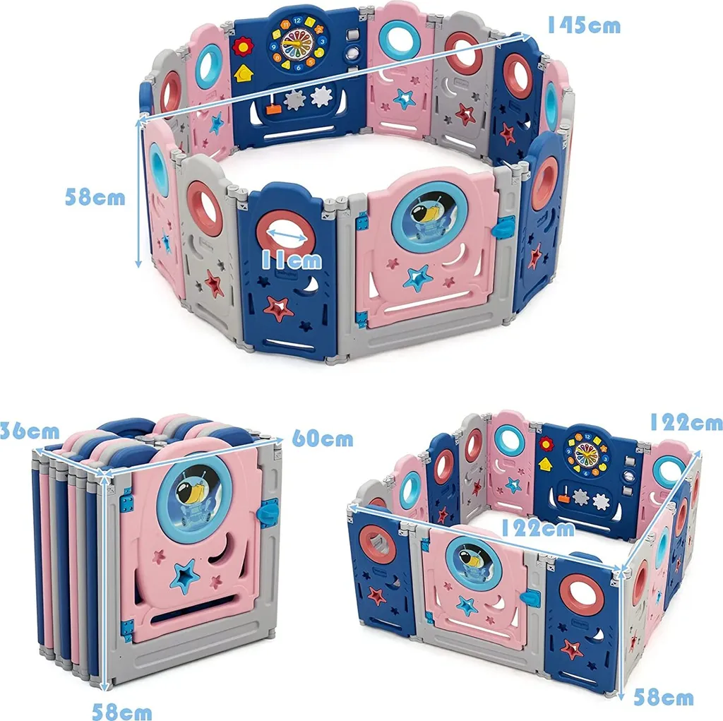 COSTWAY Laufgitter Mit Tür Und Spielzeugboard, Baby Laufstall Faltbar, Absperrgitter Aus Kunststoff, Krabbelgitter, Spielzaun Für Kinder, Schutzgitter (14 Paneelen, Deluxe) 7 COSTWAY Laufgitter Mit Tür Und Spielzeugboard, Baby Laufstall Faltbar, Absperrgitter Aus Kunststoff, Krabbelgitter, Spielzaun Für Kinder, Schutzgitter (14 Paneelen, Deluxe) – Bild 5