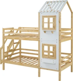 Merax Etagenbett 90x200cm Kinderbett Mit Leiter, Fallschutz Und Lattenrost, Hochbett Stockbett Kiefer Holzbett Hausbett Mit Dach Und Fenster, Weiß/Natur -Barbie Store 5d528de1c41198640a2ef37c39b1d23d