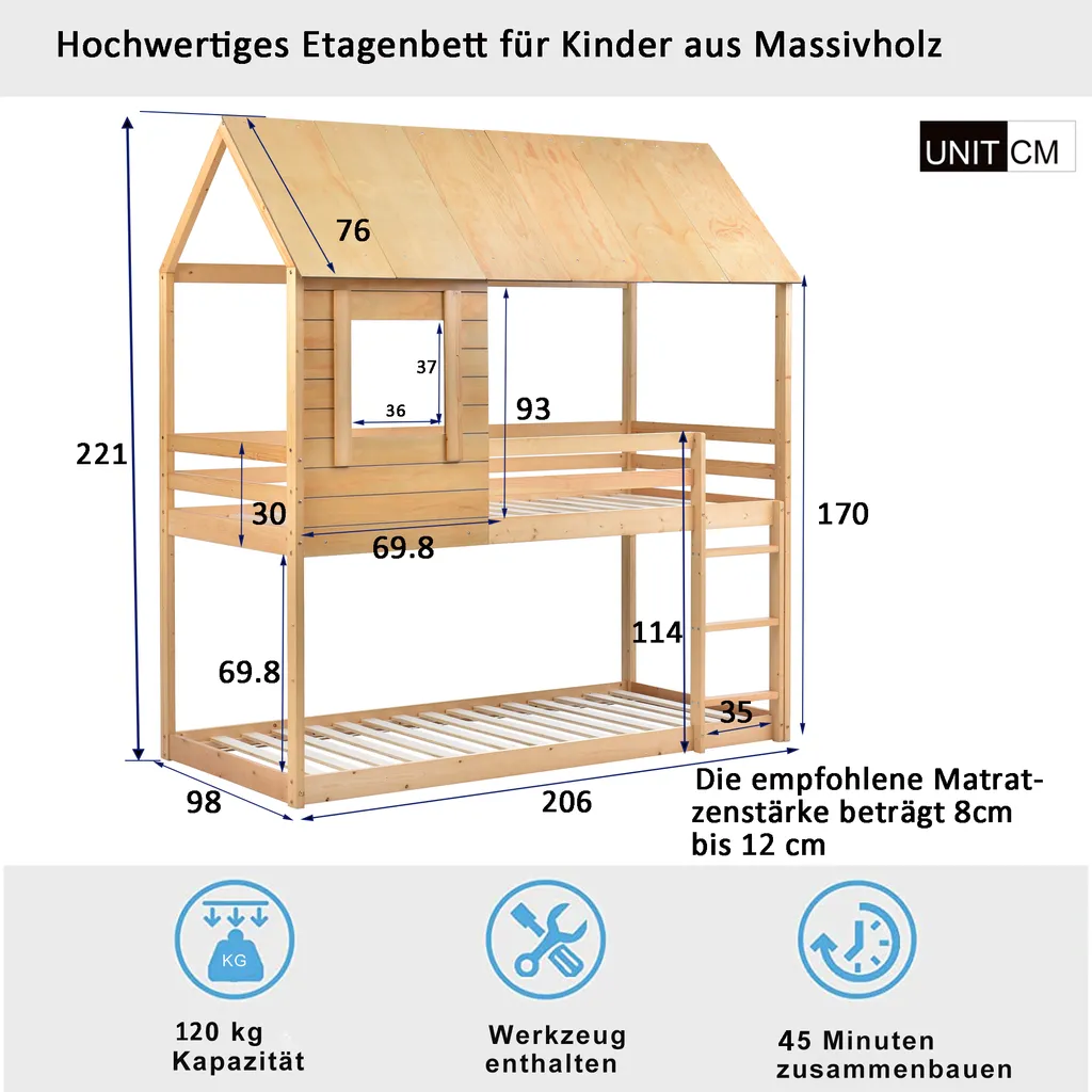 Merax Etagenbett 90x200cm Kinderbett Hochbetten Mit Dach, Leiter, Fenster Und Lattenrost, Doppelstockbett 2 Einzelbetten Für Kinderzimmer, Kiefernholz Rahmen, Eichenfarbe 8 Merax Etagenbett 90x200cm Kinderbett Hochbetten Mit Dach, Leiter, Fenster Und Lattenrost, Doppelstockbett 2 Einzelbetten Für Kinderzimmer, Kiefernholz Rahmen, Eichenfarbe – Bild 6