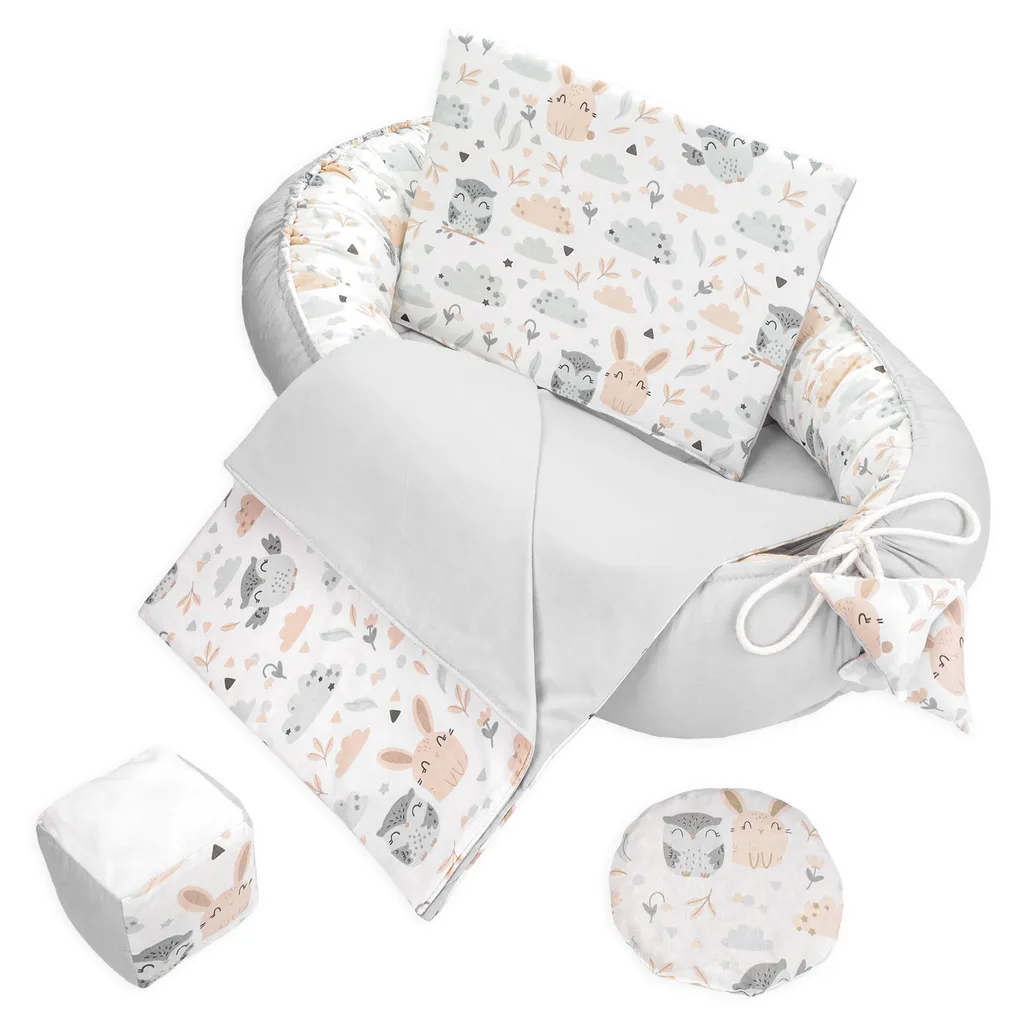 Babynestchen Set Neugeborene 90x50 Cm Baumwolle - Kuschelnest Baby Nestchen 6-teilig Kokon Mit Sinneswürfel Wärmekissen Eule 4 Babynestchen Set Neugeborene 90x50 Cm Baumwolle - Kuschelnest Baby Nestchen 6-teilig Kokon Mit Sinneswürfel Wärmekissen Eule – Bild 2