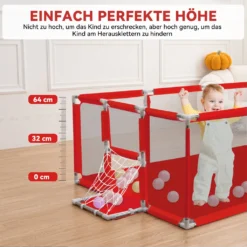 Laufstall Baby Laufgitter Schutzgitter Mit Basketball Box, Fußballbox Und Atmungsaktivem Netz, Stabiler Absperrgitter Für Kinder, Rot, 180x122cm -Barbie Store 670a1b1dea3b06d1c349d1ede0463146