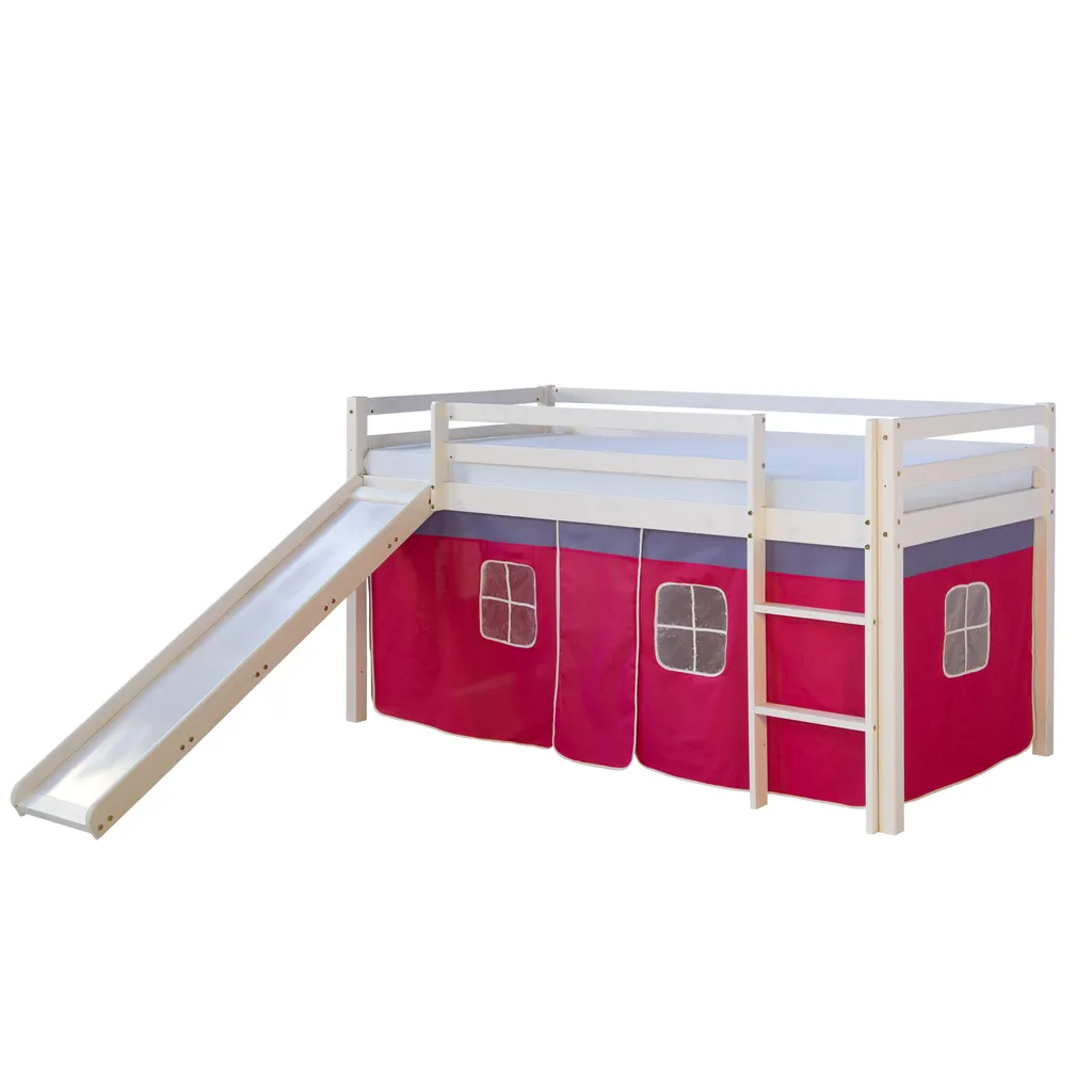 Homestyle4u 1545, Kinder Hochbett Mit Rutsche, Leiter, Vorhang Pink, Massivholz Kiefer Weiß, 90x200 Cm 4 Homestyle4u 1545, Kinder Hochbett Mit Rutsche, Leiter, Vorhang Pink, Massivholz Kiefer Weiß, 90x200 Cm – Bild 2