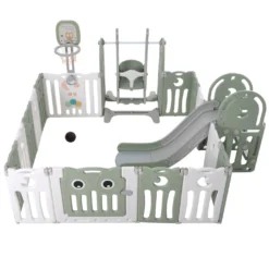 Merax Laufgitter Faltbar Laufstall Baby Absperrgitter 14+2 Paneele Schutzgitter Mit Schaukel, Rutsche, Basketballkorb Und BB-Sound-Knopf, Krabbelgitter Aus Kunststoff Für Kinder, Grün+ Weiß -Barbie Store 69551808c1ff1b583c4582ebb18b987f