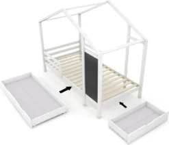 Merax Kinderbett Adele 90x200cm Hausbett Mit Tafel Und 2 Schubladen, Zaun Und Lattenrost, Spielbett Bett Kinderhaus Aus Massivholz, Weiß -Barbie Store 69863cc379708254ae1c38bc1fbb40ef