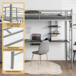 COSTWAY Hochbett Mit Schreibtisch, Etagenbett Mit 2 Leitern, Stockbett Aus Metall, Bettrahmen Für Teenager Und Erwachsene (Silber) -Barbie Store 7008866c6f2eb666535182cae7959401