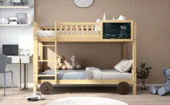 Merax Etagenbett 90x200cm Kinderbett Mit Rechtwinkliger Treppe Und Tafel, Zaun Und Rädern, Stockbett Rahmen Aus Kiefer, Teilbar Zu 2 Einzelbetten, Natur -Barbie Store 755fdb518e2e693113dfb6a6d055e3be