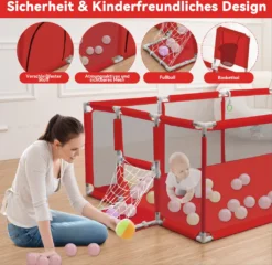 Laufstall Baby Laufgitter Schutzgitter Mit Basketball Box, Fußballbox Und Atmungsaktivem Netz, Stabiler Absperrgitter Für Kinder, Rot, 180x122cm -Barbie Store 788e8fbeb35ae0d583d3740326c459d9