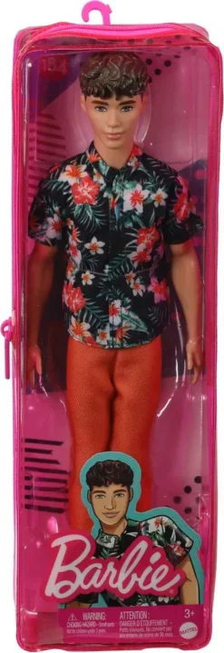 Barbie Ken Fashionistas-Puppe , Kurze Braune Haare, Hawaiihemd Mit Blumenmuster, Orangefarbene, Umgekrempelte Hose, Weiße Schuhe Zum Hineinschlüpfen, Für Kinder Von 3 Bis 8 Jahren