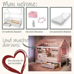 Alcube® Hausbett 90 X 200 Cm Komplett-Set Mit Schubladen Matratze Und Deko Rosa, Rausfallschutz Und Lattenrost, Kinderbett 90x200 Cm Für Mädchen Und Jungen Kinderbetten Aus Massivem Kiefernholz -Barbie Store 7ba24d55785daa2b9e5a35d244bf69ec