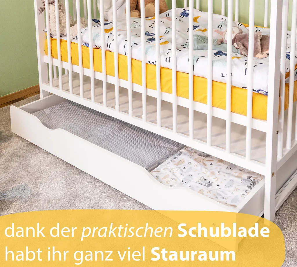 Alcube® Mitwachsendes Babybett 60 X 120 Cm Mit Schublade Gitterbett 120x60 Kiefernholz Zum Kinderbett Umbaubar In Weiß 17 Alcube® Mitwachsendes Babybett 60 X 120 Cm Mit Schublade Gitterbett 120x60 Kiefernholz Zum Kinderbett Umbaubar In Weiß – Bild 15