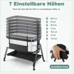 COSTWAY 2 In 1 Beistellbett & Stubenwagen Klappbar, Tragbare Babybett Mit 7 Verstellbaren Höhen & Matratze & Tragetasche & Gurte, Verstellbare Reisebett Für Neugeborene Bis 6 Monate (Dunkelgrau) -Barbie Store 81a734322f9acc9c2a73c94066215ef4