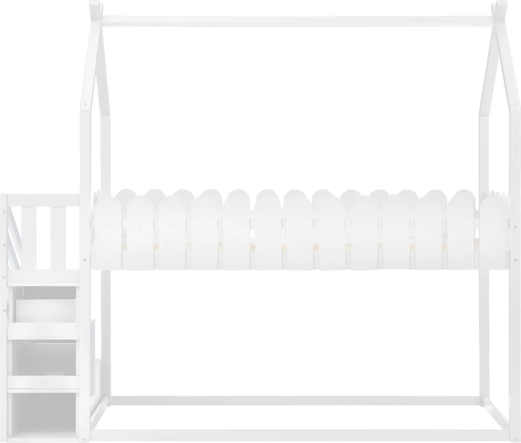 Merax Etagenbett 90x200 Cm Doppelstockbett Mit Treppeschubladen, Zaun Und Dachform, 2 Einzelbetten Doppel Stockbett Für Zwei Kinder, Kinderbett Hochbett Aus Kiefer, Weiß 11 Merax Etagenbett 90x200 Cm Doppelstockbett Mit Treppeschubladen, Zaun Und Dachform, 2 Einzelbetten Doppel Stockbett Für Zwei Kinder, Kinderbett Hochbett Aus Kiefer, Weiß – Bild 9