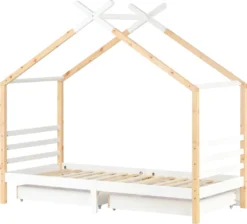 Merax Kinderbett 90x200cm Hausbett Mit Lattenrost Und 2 Schubladen, Spielbett Massivholzbett Für Kinder-und Jugendzimmer, Weiß/Natur -Barbie Store 84b5a6fe14073804b8d9e095eab3d541