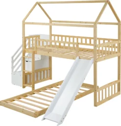 Merax Etagenbett 90x200cm Kinderbett Mit Rutsche, Treppe Mit Stauraum, Fallschutz Und Handlauf, Hausbett Aus Massivholz In Natur Und Weiß, 2 Einzelbetten Stockbett Für Kinderzimmer -Barbie Store 881ab682b5621957de50112a0ef6c4e8