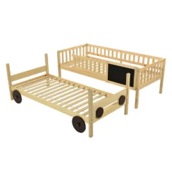 Merax Etagenbett 90x200cm Kinderbett Mit Rechtwinkliger Treppe Und Tafel, Zaun Und Rädern, Stockbett Rahmen Aus Kiefer, Teilbar Zu 2 Einzelbetten, Natur -Barbie Store 88d98ac7ed9c8dfdbf681af08528ef41