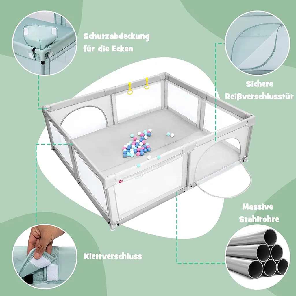 COSTWAY 206 X 185,5cm Baby Laufstall Mit 50 Spielbällen, Laufgitter Mit Atmungsaktivem Netz Und Reißverschluss, Krabbelgitter Mit 2 Türen, Laufgitterzelt Für Säuglinge Und Kinder (Grau) 8 COSTWAY 206 X 185,5cm Baby Laufstall Mit 50 Spielbällen, Laufgitter Mit Atmungsaktivem Netz Und Reißverschluss, Krabbelgitter Mit 2 Türen, Laufgitterzelt Für Säuglinge Und Kinder (Grau) – Bild 6