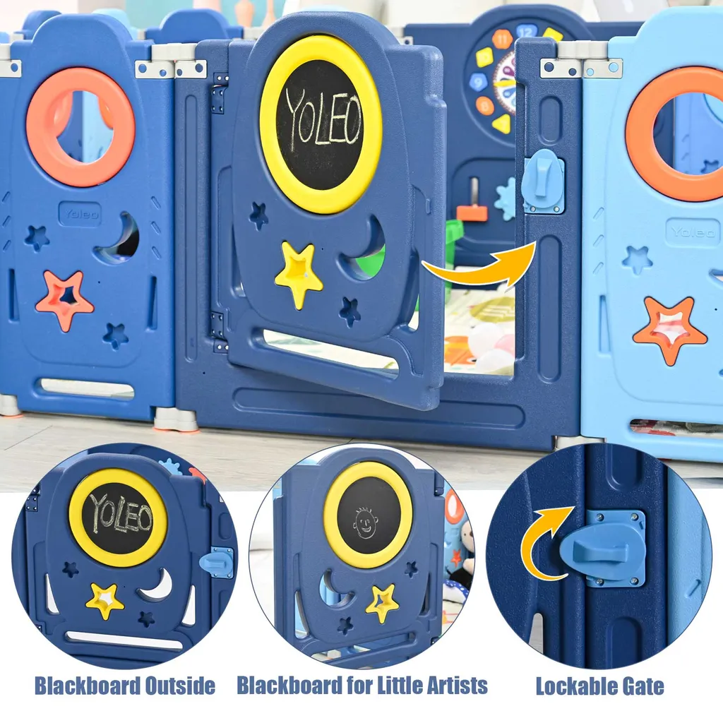 YOLEO Laufgitter Laufstall Baby Absperrgitter Krabbelgitter Schutzgitter Für Kinder Aus Kunststoff Mit Tür Spielzeugboard 14-Paneele Mit Uhr Tafel 6 YOLEO Laufgitter Laufstall Baby Absperrgitter Krabbelgitter Schutzgitter Für Kinder Aus Kunststoff Mit Tür Spielzeugboard 14-Paneele Mit Uhr Tafel – Bild 4
