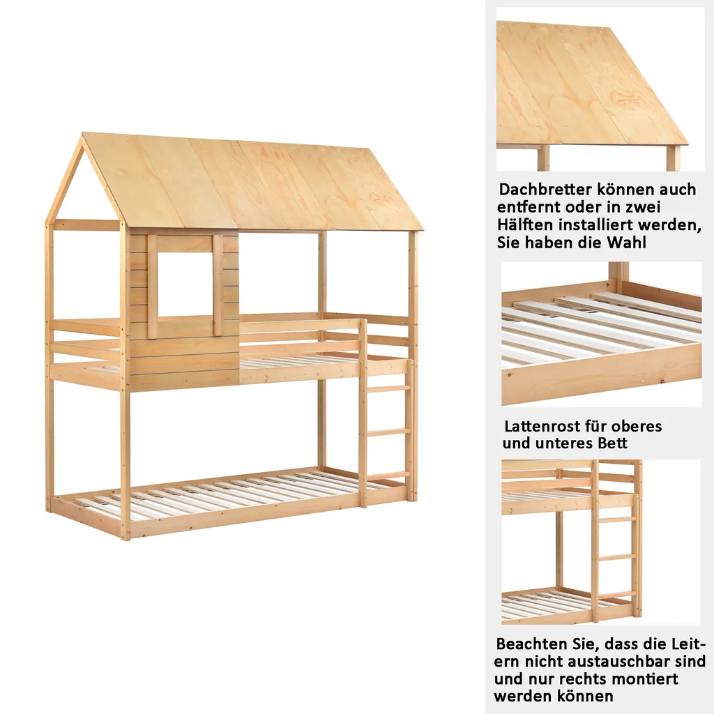 Merax Etagenbett 90x200cm Kinderbett Hochbetten Mit Dach, Leiter, Fenster Und Lattenrost, Doppelstockbett 2 Einzelbetten Für Kinderzimmer, Kiefernholz Rahmen, Eichenfarbe 7 Merax Etagenbett 90x200cm Kinderbett Hochbetten Mit Dach, Leiter, Fenster Und Lattenrost, Doppelstockbett 2 Einzelbetten Für Kinderzimmer, Kiefernholz Rahmen, Eichenfarbe – Bild 5