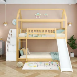 Merax Etagenbett 90x200cm Kinderbett Mit Rutsche, Treppe Mit Stauraum, Fallschutz Und Handlauf, Hausbett Aus Massivholz In Natur Und Weiß, 2 Einzelbetten Stockbett Für Kinderzimmer -Barbie Store 8f34d299803bdf0c66b0332535b2c455