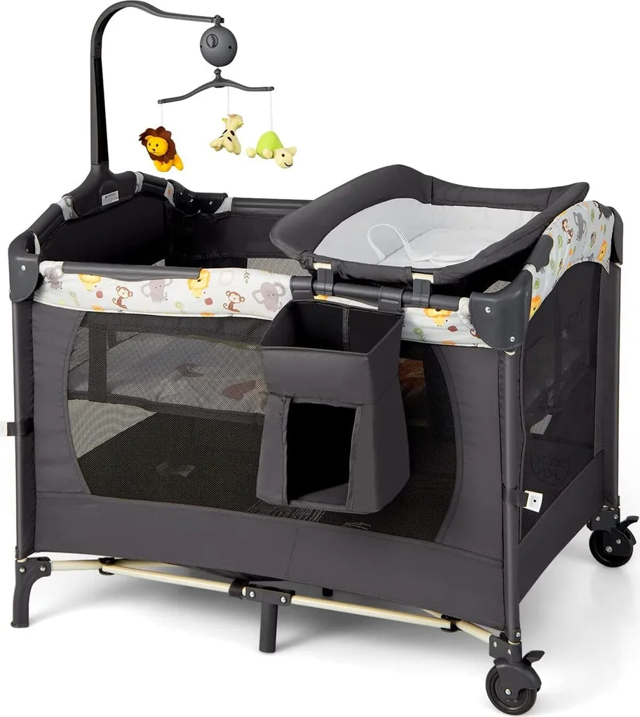 COSTWAY 4 In 1 Klappbares Reisebett & Beistellbett & Wickeltisch & Laufstall Rollbar, 2 Ebenen Babybett Inkl. Spielbogen, Matratze, Wickelauflage, Windelaufbewahrung Und Spieluhr (Hellgrau) 3 COSTWAY 4 In 1 Klappbares Reisebett & Beistellbett & Wickeltisch & Laufstall Rollbar, 2 Ebenen Babybett Inkl. Spielbogen, Matratze, Wickelauflage, Windelaufbewahrung Und Spieluhr (Hellgrau)
