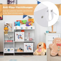 COSTWAY Freistehender Kinderzimmerschrank, 3-stöckiger Kinderzimmerregal, Spielzeug-Organizer Für Kleinkinder Mit 5 Fächern & 2 Aufbewahrungsboxen & 3 Regalen (Planetenrakete) -Barbie Store 997855fcc88633f68b31bdf779892ba4