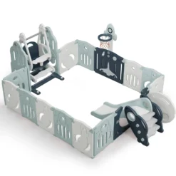 Merax Laufgitter Faltbar Laufstall Baby Absperrgitter 14+2 Paneele Schutzgitter Mit Schaukel, Rutsche Und Basketballkorb, Astronauten-Serie Krabbelgitter 4-in-1 Laufgitter Für Kinder, Blau -Barbie Store 9a56cc4392cceca37acd10332cb336d2