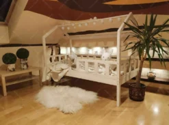 Bett Mit Barrieren, KinderBett Hausbett Für Kinder, Farbe: Natürlich, Größe: 140x200cm