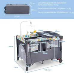 5 In 1 Babybett Mit Matratze, Reisebett Baby Mit Wickeltisch, Spieluhr Und Spielzeug, Laufstall | Beistellbett | Babyschaukel Für Baby Ab Geburt (Grau) -Barbie Store 9ed4142783c6f8fc60e453d42cbb006d