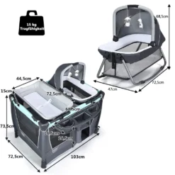 COSTWAY 4 In 1 Klappbares Reisebett & Wickeltisch & Laufstall & Babywiege Mit Schaukelfunktion, Inkl. Babykorb, Wickelauflage, Matratze, Spieluhr, Spielzeug, Aufbewahrungsregal Und Tragetasche Grau -Barbie Store a1fd9cc809067d2f43e7225f7053f1f6