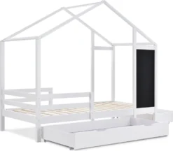 Merax Kinderbett Adele 90x200cm Hausbett Mit Tafel Und 2 Schubladen, Zaun Und Lattenrost, Spielbett Bett Kinderhaus Aus Massivholz, Weiß -Barbie Store a23884d046b7c0964e24e2c60b202843