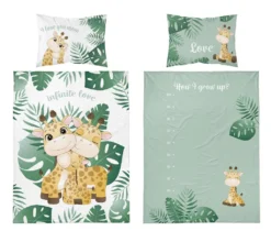 Baby Wende-Bettwäsche Aus 100% Baumwolle - Giraffe Grün - 100 X 135 Cm