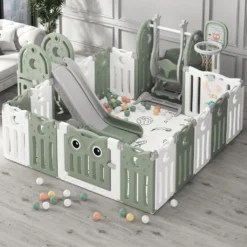 Laufgitter Baby Laufstall 14+2 Panel Schutzgitter Mit Rutsche Schaukel Basketballkorb BB-Sound-Knopf Klappbar Absperrgitter Kunststoff Krabbelgitter Für Kinder -(Grün) -Barbie Store a55d7cbc6d4652426319b77c1d531912