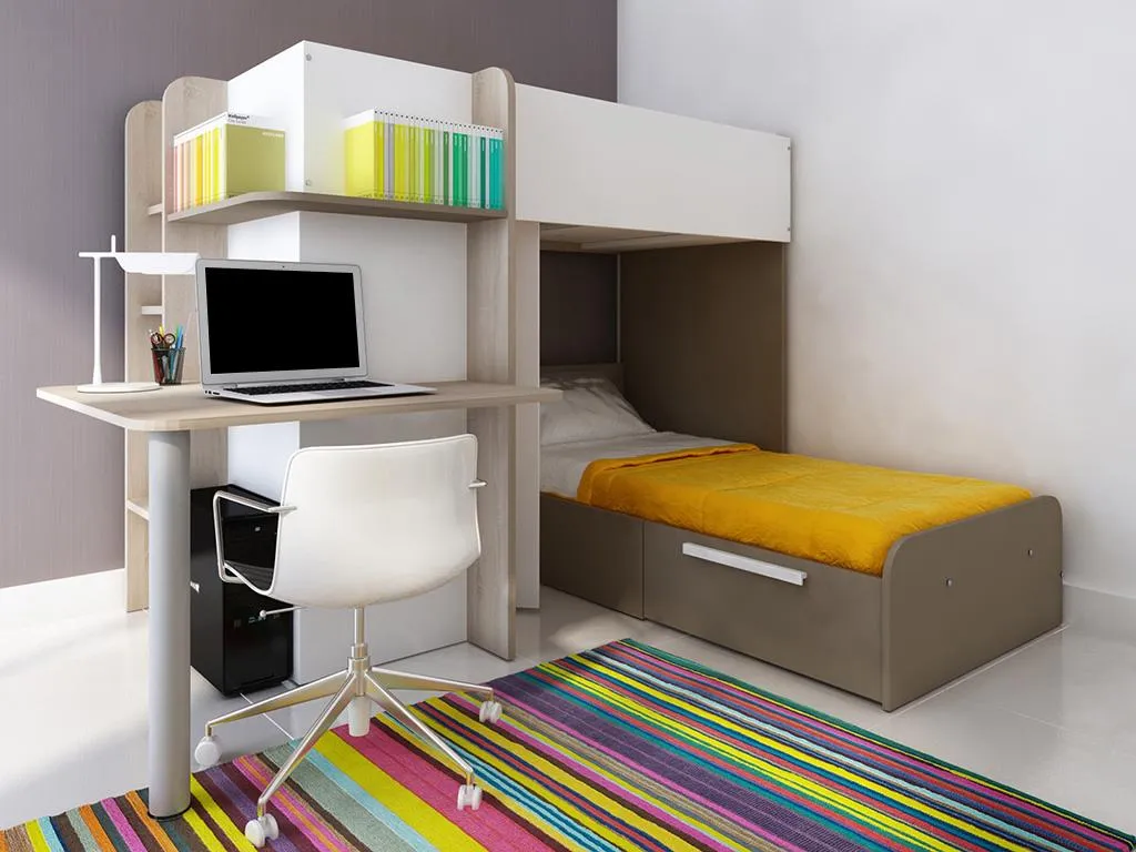 Hochbett 2x 90 X 190 Cm Mit Schreibtisch + Bettboden - Weiß, Naturfarben & Braun - SAMUEL 4 Hochbett 2x 90 X 190 Cm Mit Schreibtisch + Bettboden - Weiß, Naturfarben & Braun - SAMUEL – Bild 2