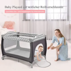 COSTWAY 3-in-1-Babybett, Tragbares Reisebett Mit Spielzeugstange, Klappbarer Laufstall Mit Stubenwagen, Wickeltisch Mit Tragetasche, Feststellbare Räder, Matratze, Tür Mit Reißverschluss (Grau) -Barbie Store af107a1339de48095727d865eae9aa8f