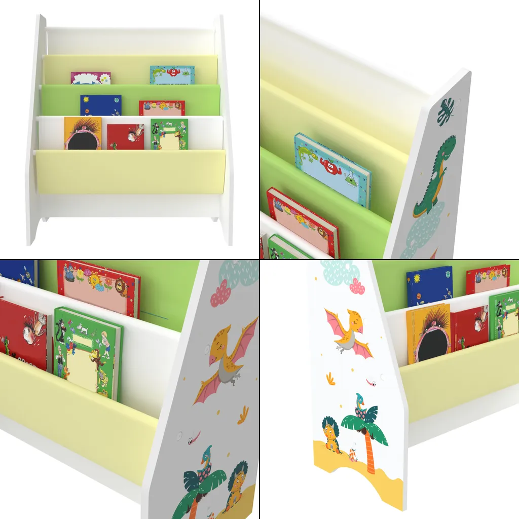 Kinderregal Fisterra Kinder-Bücherregal Freistehend Mit Dinosaurier-Motiv 74 X 62 X 29 Cm Kinderzimmerregal Mit 4 Offenen Ablagefächern Bücher-Organizer Weiß / Grün / Gelb 8 Kinderregal Fisterra Kinder-Bücherregal Freistehend Mit Dinosaurier-Motiv 74 X 62 X 29 Cm Kinderzimmerregal Mit 4 Offenen Ablagefächern Bücher-Organizer Weiß / Grün / Gelb – Bild 6