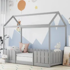Merax Kinderbett 90x200cm Hausbett Spielbett Kinderhaus Mit Rausfallschutz Und Lattenrost, Schönes Babybett Aus Kiefernholz, Grau -Barbie Store b5ba656b470dc676619dbf38fd777c9e
