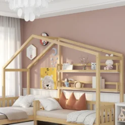 Merax Kinderbett 90x200cm/140x70cm Hausbett Mit Schubladen Und Regalen, Zaun Und Lattenrost, Spielbett Kinderhaus Aus Kiefernholz Für Zwei Kinder, Natur -Barbie Store b6a4d7d282e980756280ac1ade0e144d