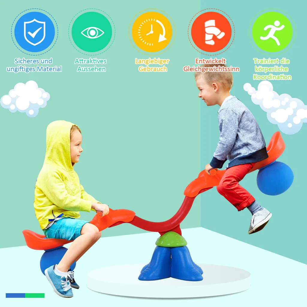 HOMCOM Kinder Gartenwippe 360° Drehbare Wippe Karussellwippe Für 3-8 Jahre Kunststoff Mehrfarbig 126 X 39,5 X 66 Cm 5 HOMCOM Kinder Gartenwippe 360° Drehbare Wippe Karussellwippe Für 3-8 Jahre Kunststoff Mehrfarbig 126 X 39,5 X 66 Cm – Bild 3