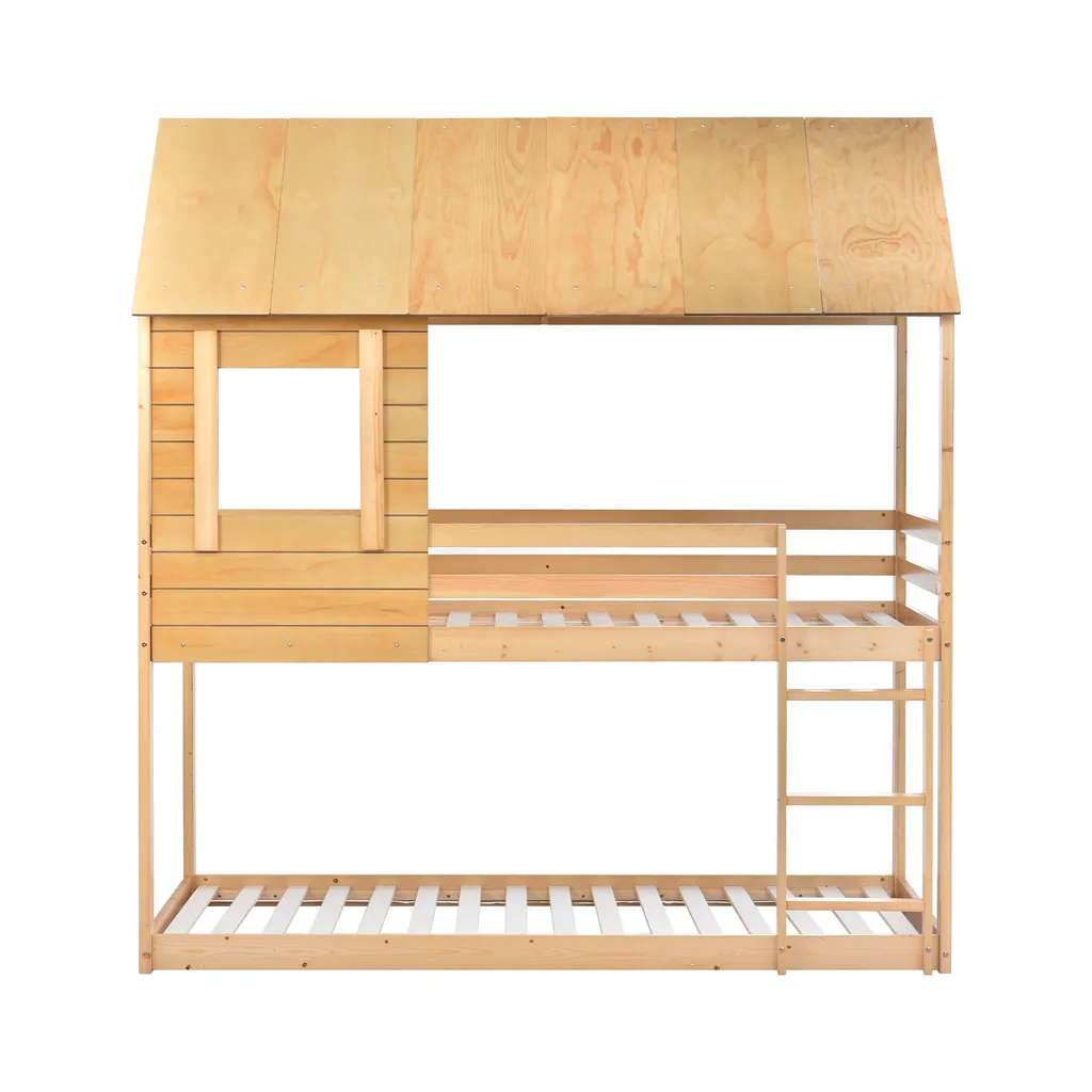 Merax Etagenbett 90x200cm Kinderbett Hochbetten Mit Dach, Leiter, Fenster Und Lattenrost, Doppelstockbett 2 Einzelbetten Für Kinderzimmer, Kiefernholz Rahmen, Eichenfarbe 9 Merax Etagenbett 90x200cm Kinderbett Hochbetten Mit Dach, Leiter, Fenster Und Lattenrost, Doppelstockbett 2 Einzelbetten Für Kinderzimmer, Kiefernholz Rahmen, Eichenfarbe – Bild 7