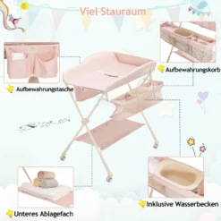 COSTWAY Klappbare Wickeltisch, Höhenverstellbarer Wickelstation Mit Stauraum & Abnehmbaren Feststellbaren Rädern & Sicherheitsgurt & Wasserbecken, Mobile Wickelkommode Für Baby (Rosa) -Barbie Store bac016b219051c032d4d2ac631250b4a