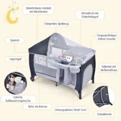 COSTWAY 4 In 1 Klappbares Reisebett & Babywiege & Wickeltisch & Laufstall Mit Schaukelfunktion, Inkl. Spieluhr, Spielbogen, Wickelauflage, Matratze, Windel Organizer Und Tragetasche (Grau) -Barbie Store bba631363af2efb6425117135b7e9e85