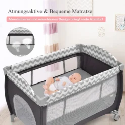 COSTWAY 3-in-1-Babybett, Tragbares Reisebett Mit Spielzeugstange, Klappbarer Laufstall Mit Stubenwagen, Wickeltisch Mit Tragetasche, Feststellbare Räder, Matratze, Tür Mit Reißverschluss (Grau) -Barbie Store bba92e84b267abd89b77ed771572fb50