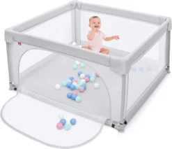 COSTWAY 120 X 120cm Baby Laufstall Mit 50 Spielbällen, Laufgitter Mit Atmungsaktivem Netz Und Reißverschluss, Krabbelgitter Mit Tür, Laufgitterzelt Für Säuglinge Und Kleinkinder (Grau)