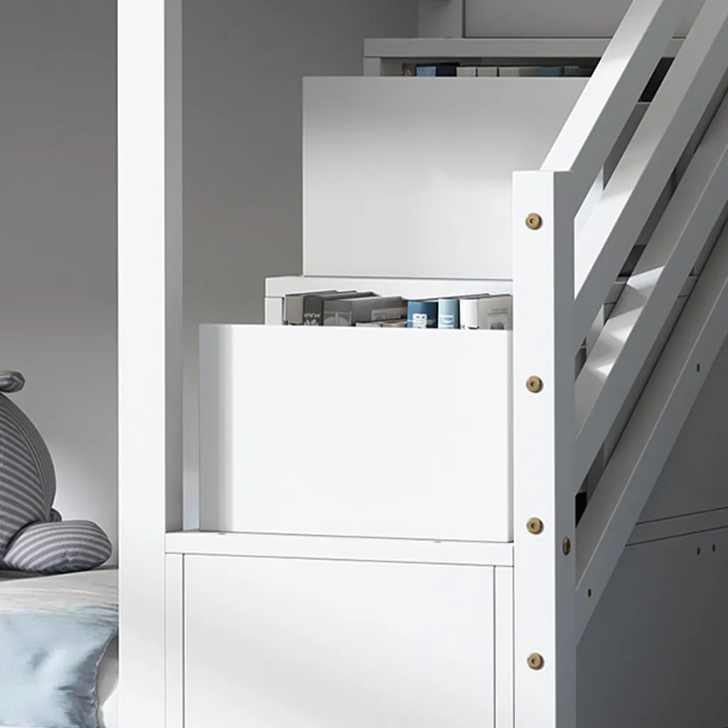 Merax Etagenbett 90x200 Cm Doppelstockbett Mit Treppeschubladen, Zaun Und Dachform, 2 Einzelbetten Doppel Stockbett Für Zwei Kinder, Kinderbett Hochbett Aus Kiefer, Weiß 6 Merax Etagenbett 90x200 Cm Doppelstockbett Mit Treppeschubladen, Zaun Und Dachform, 2 Einzelbetten Doppel Stockbett Für Zwei Kinder, Kinderbett Hochbett Aus Kiefer, Weiß – Bild 4