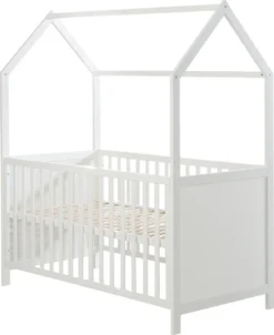 Roba Hausbett 70 X 140 Cm, Kombi-Kinderbett In Hausoptik, Weiß, 3-fach Verstellbar, Schlupfstäbe, Umbaubar Zum Juniorbett